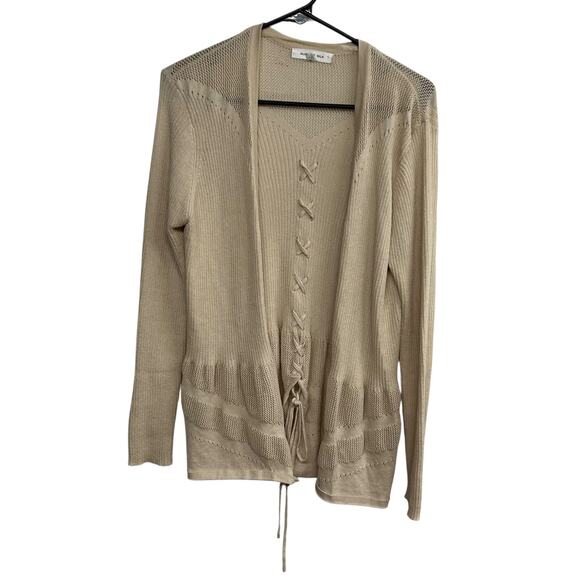 August Silk Beige Open Cardigan M Lace Back Minimalist Quiet Lux Elevated Basics - Picture 1 of 9